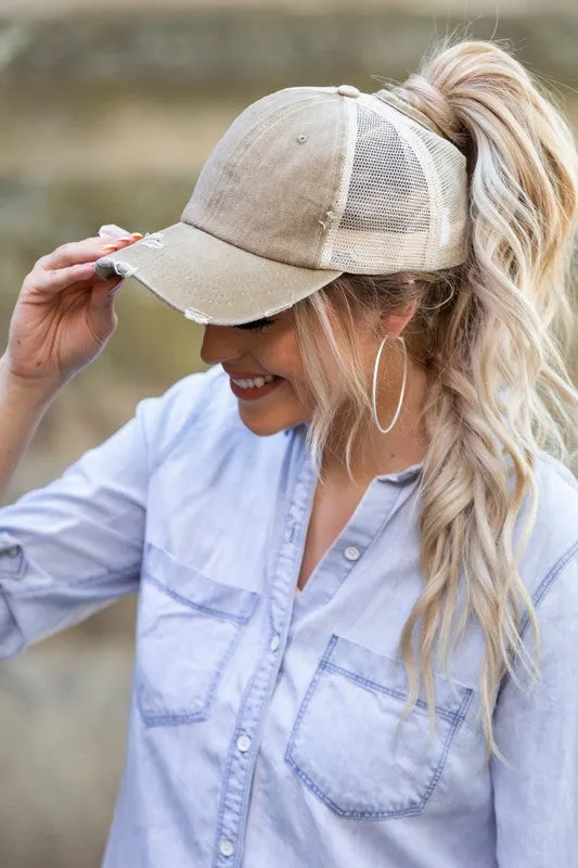 Aili's Corner Distressed Messy Bun Hat Cap