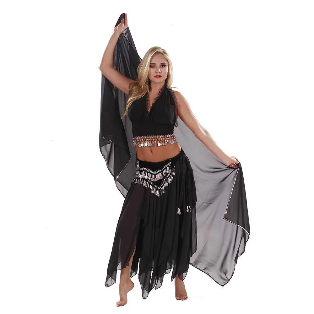 Belly Dance Skirt, Top, Veil, & Hip Scarf Costume Set | ELEGANCE