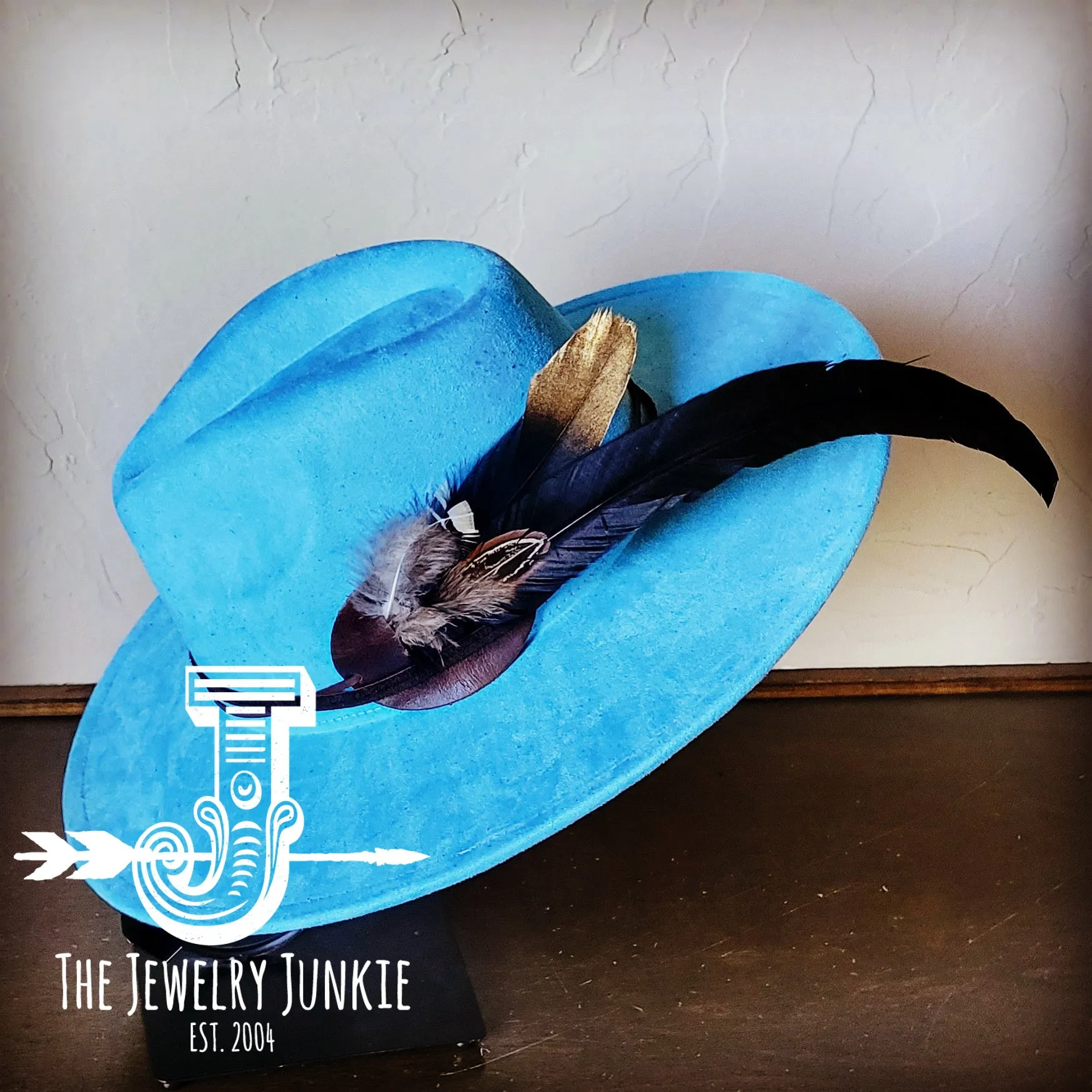 **Boho Western Hat w/ Choice of Feather Hat Band-Baby Blue 982h