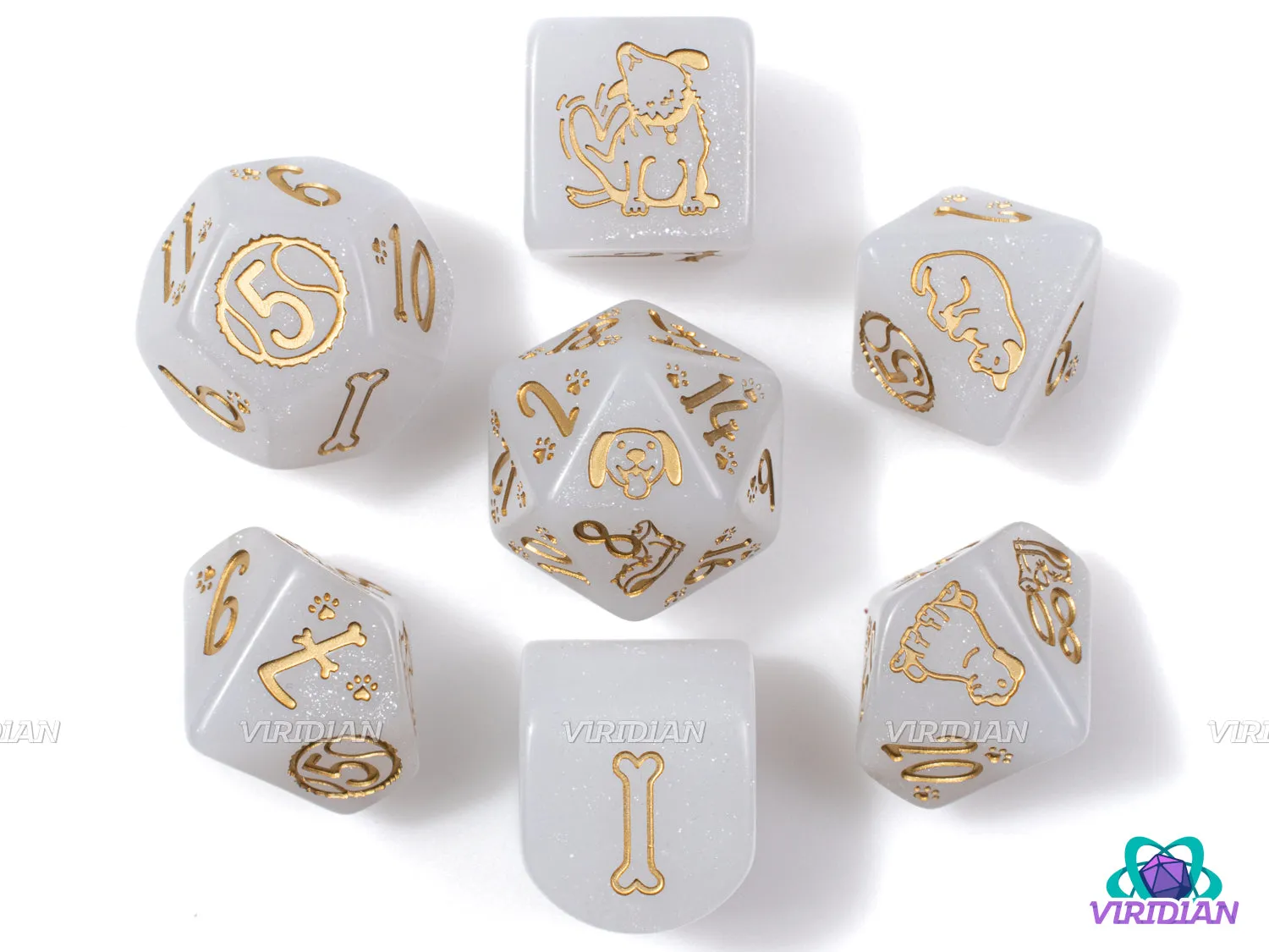 Dogs: Charlie | Dog-Themed Glittery White & Gold | Acrylic Dice Set (7)