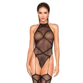 Dreamgirl Fishnet Teddy Style Bodystocking with Halter Neckline and Garter