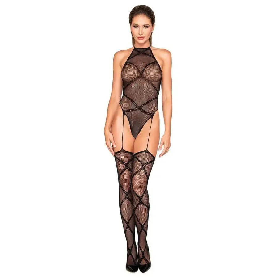 Dreamgirl Fishnet Teddy Style Bodystocking with Halter Neckline and Garter