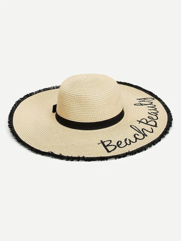 Fringe Trim Straw Floppy Hat