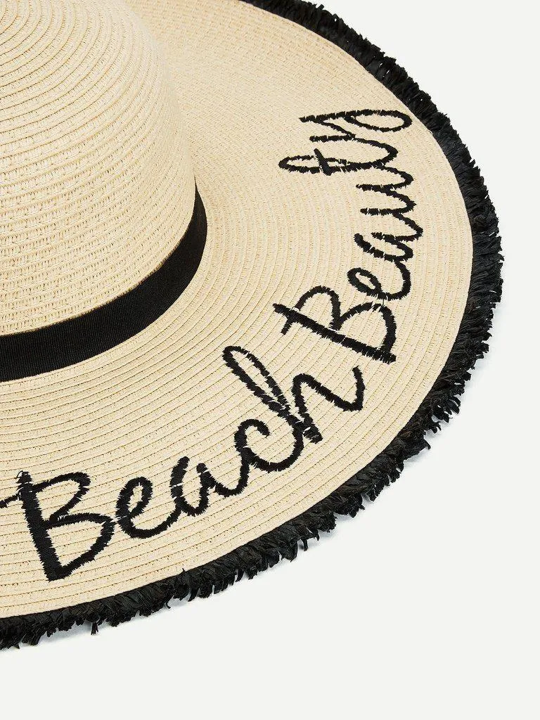 Fringe Trim Straw Floppy Hat