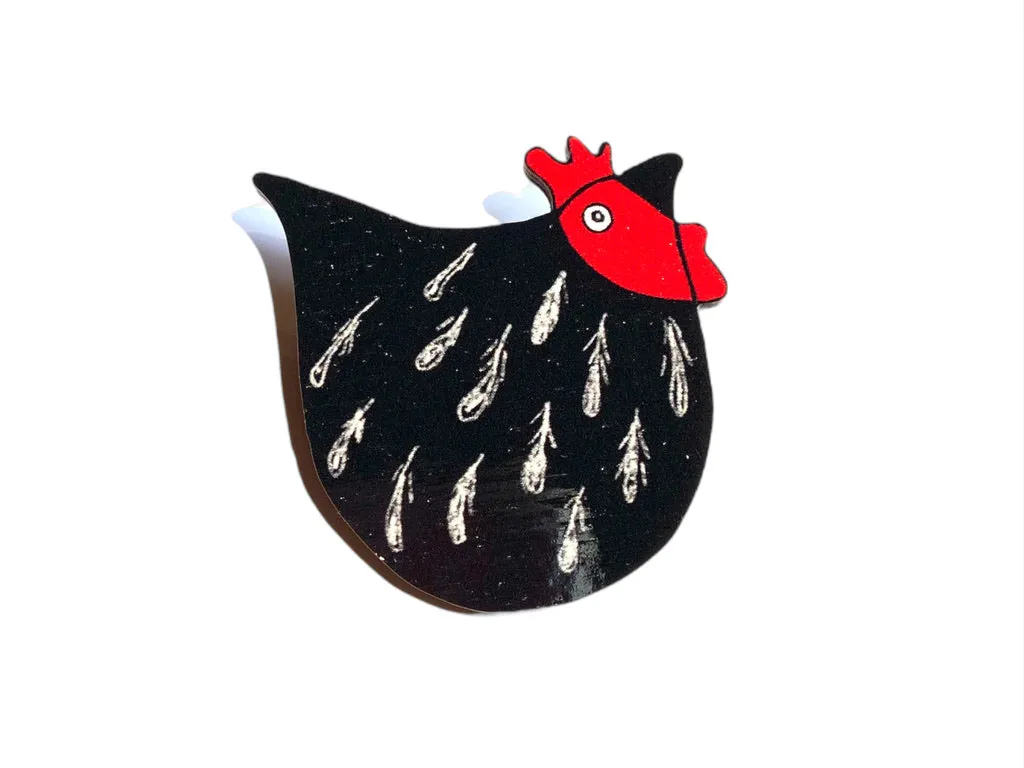 Laser-Cut Wooden Chicken Pin, Black and White Chicken