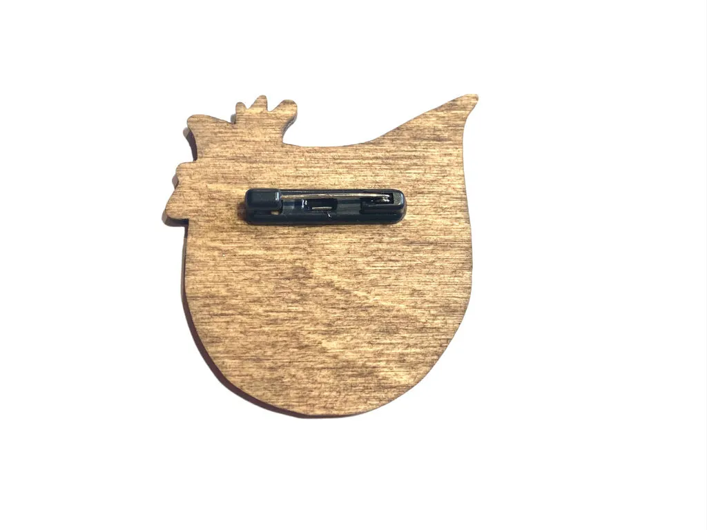 Laser-Cut Wooden Chicken Pin, Black and White Chicken