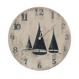 Navy Blue and White Wood Clock with Etched Sailboat Scene (24")