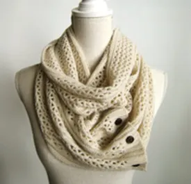 Nellie Net Infinity Scarf Boho Buttons Soft Oatmeal Beige Multiple Wood Button Winter Thermal Weave Scarves