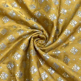 Premium Mustard Yellow Buti Floral Foil Print Silk Fabric