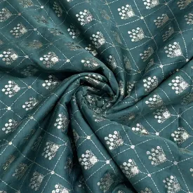 Premium Teal Green Buti Floral Foil Print Silk Fabric