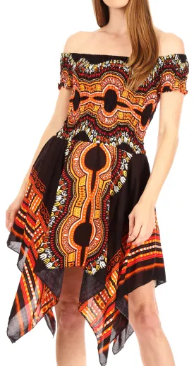 Sakkas Femi Women's Casual Cocktail Off Shoulder Dashiki African Stretchy Dress