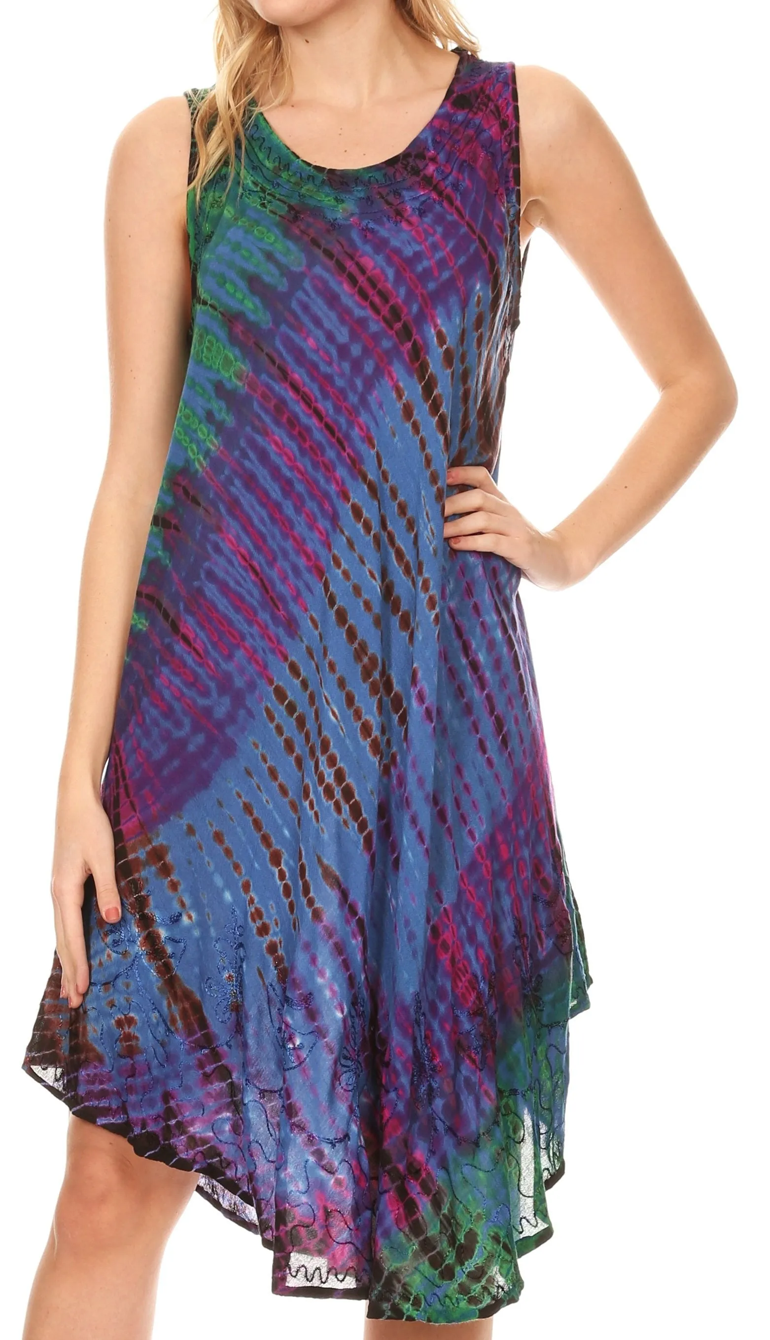 Sakkas Isola Women's Tank Summer Bohemian Swing Midi Dress Sleeveless Tie-dye