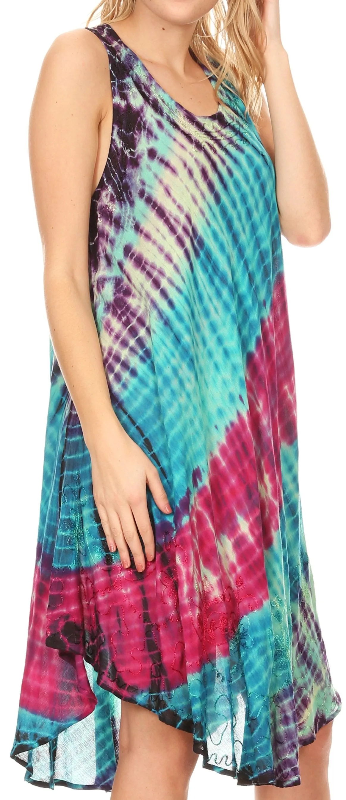 Sakkas Isola Women's Tank Summer Bohemian Swing Midi Dress Sleeveless Tie-dye