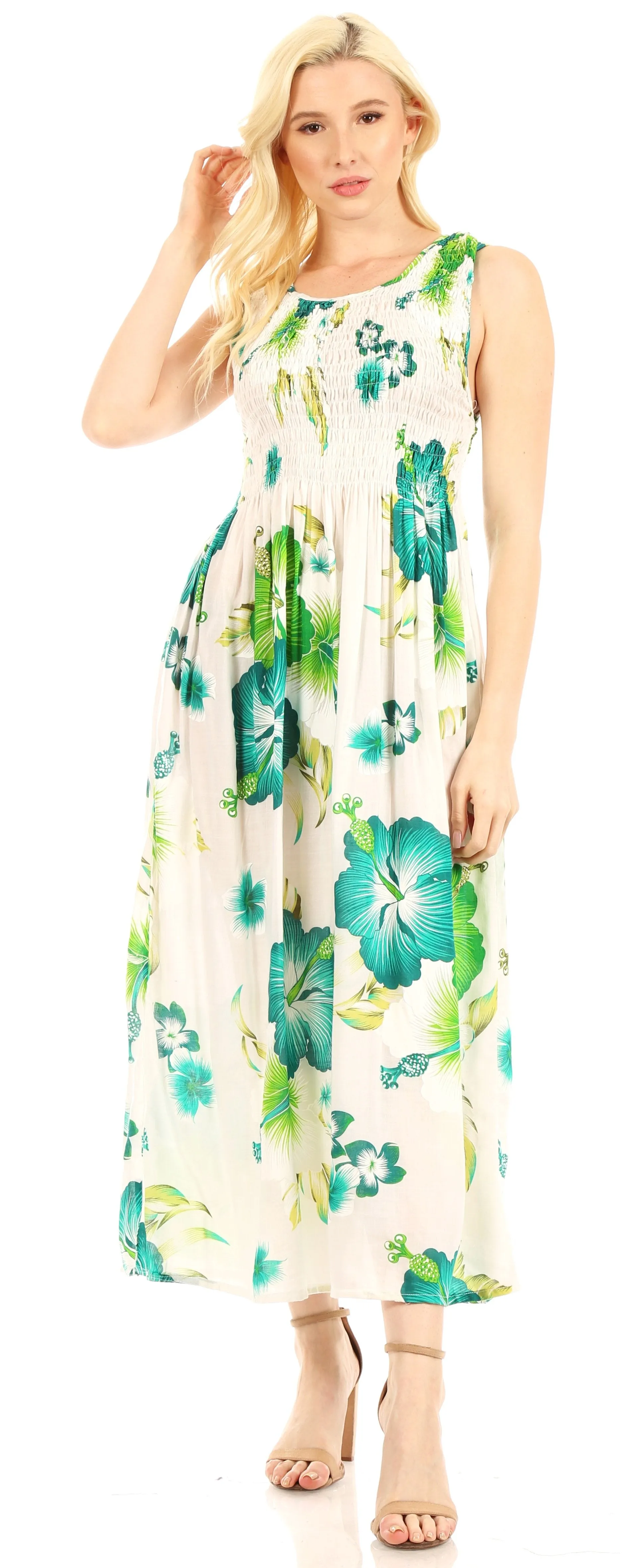 Sakkas Iyabo Women's Sleeveless Casual Summer Floral Print Dress Maxi Long Stretch