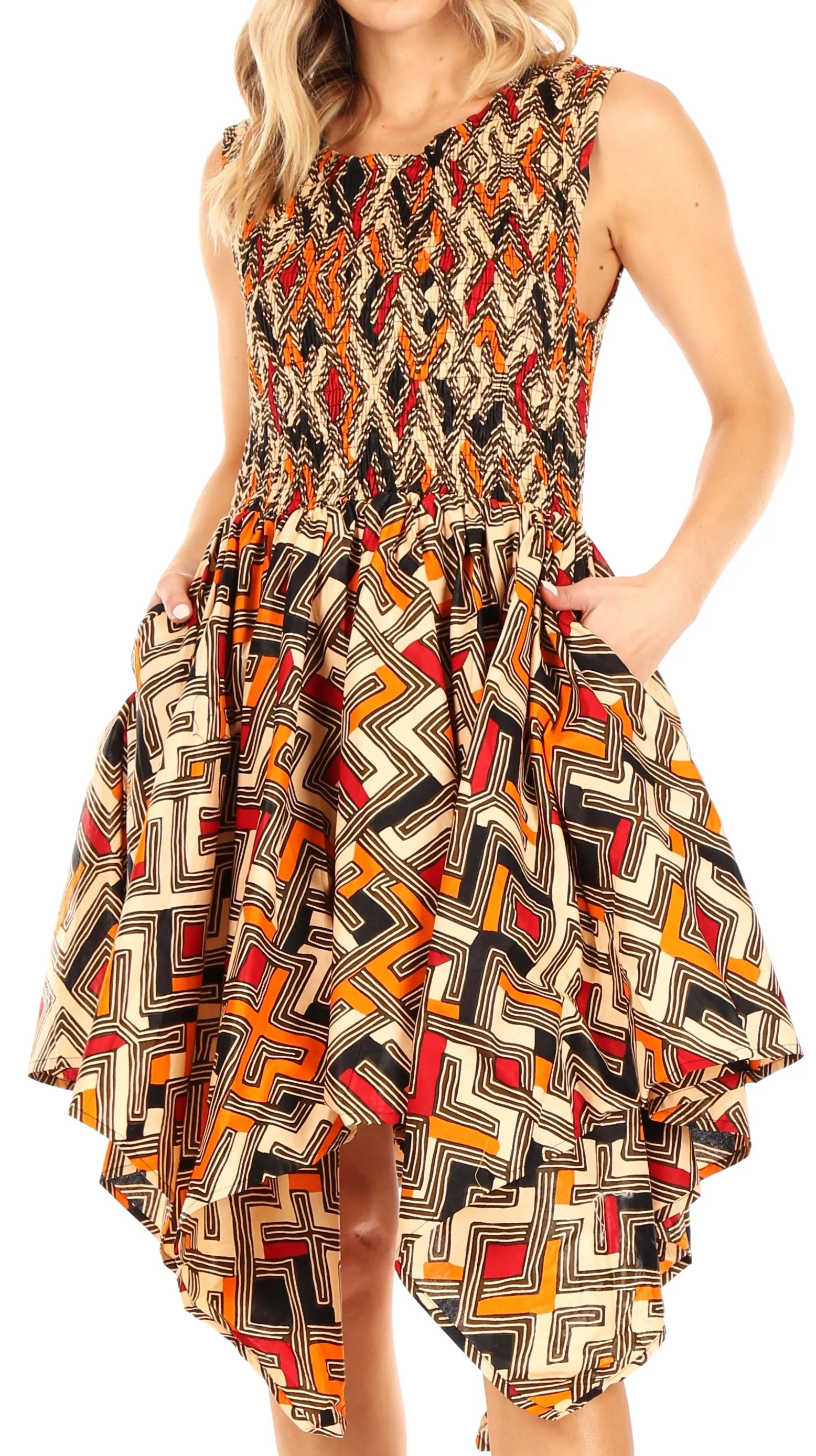 Sakkas Lima Women's Casual African Ankara Sleeveless Cocktail Short Dress Pockets