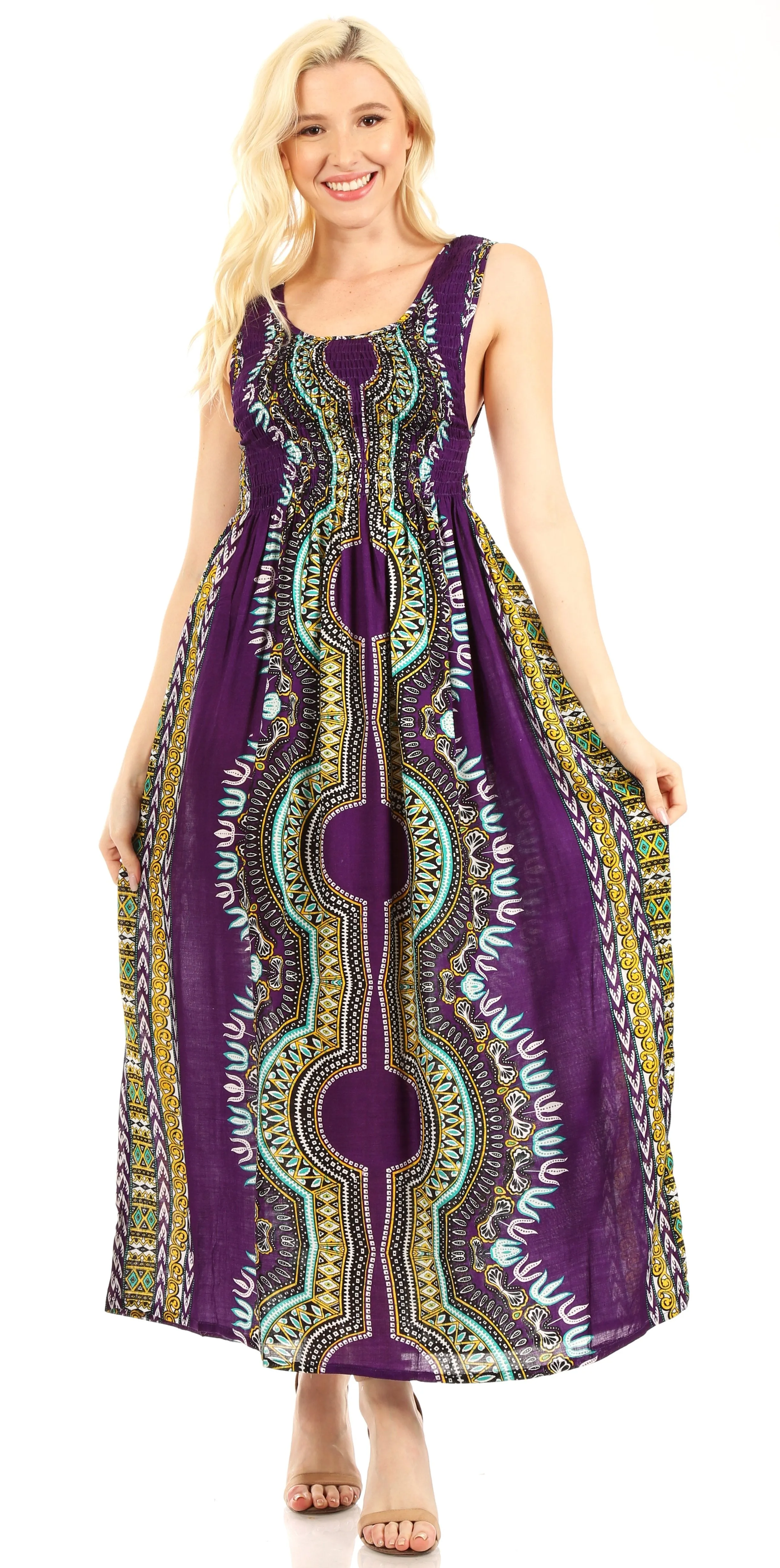 Sakkas Linza Women's Sleeveless Casual Maxi Dashiki African Print Dress Long Nice