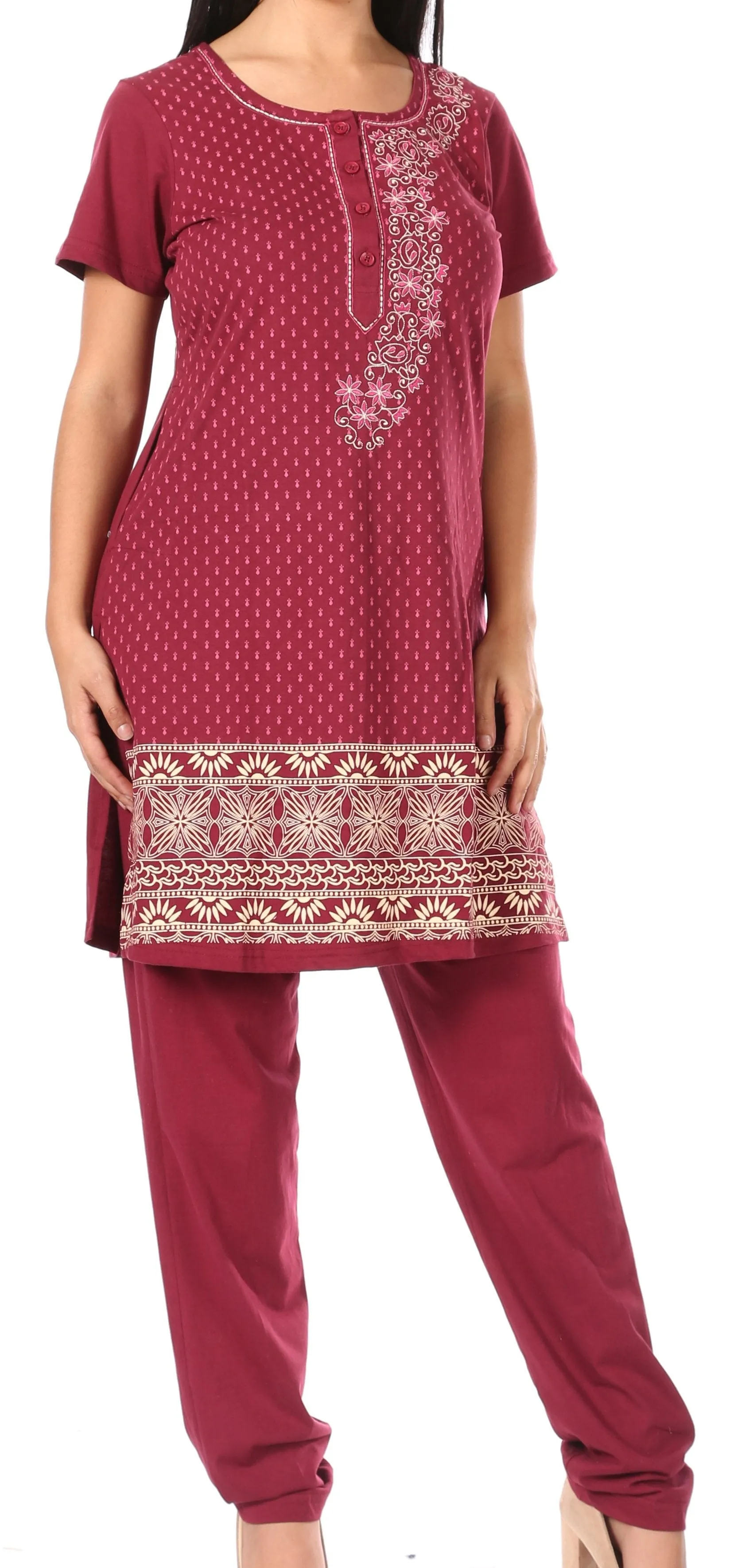 Sakkas Maria Women's Casual Tunic Kurta Knit Plain Embroidered Kurti Pant Set Soft