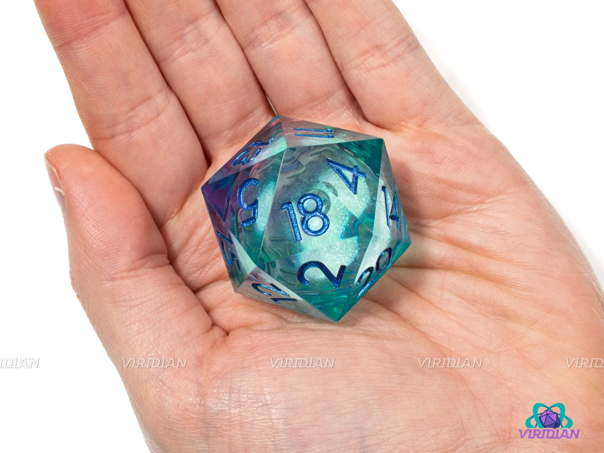 Turbo Slide D20 | Giant Liquid-Filled Core Viridian-Colors (Purple, Teal & Green) | Sharp-Edged Giant Resin D20 (1)