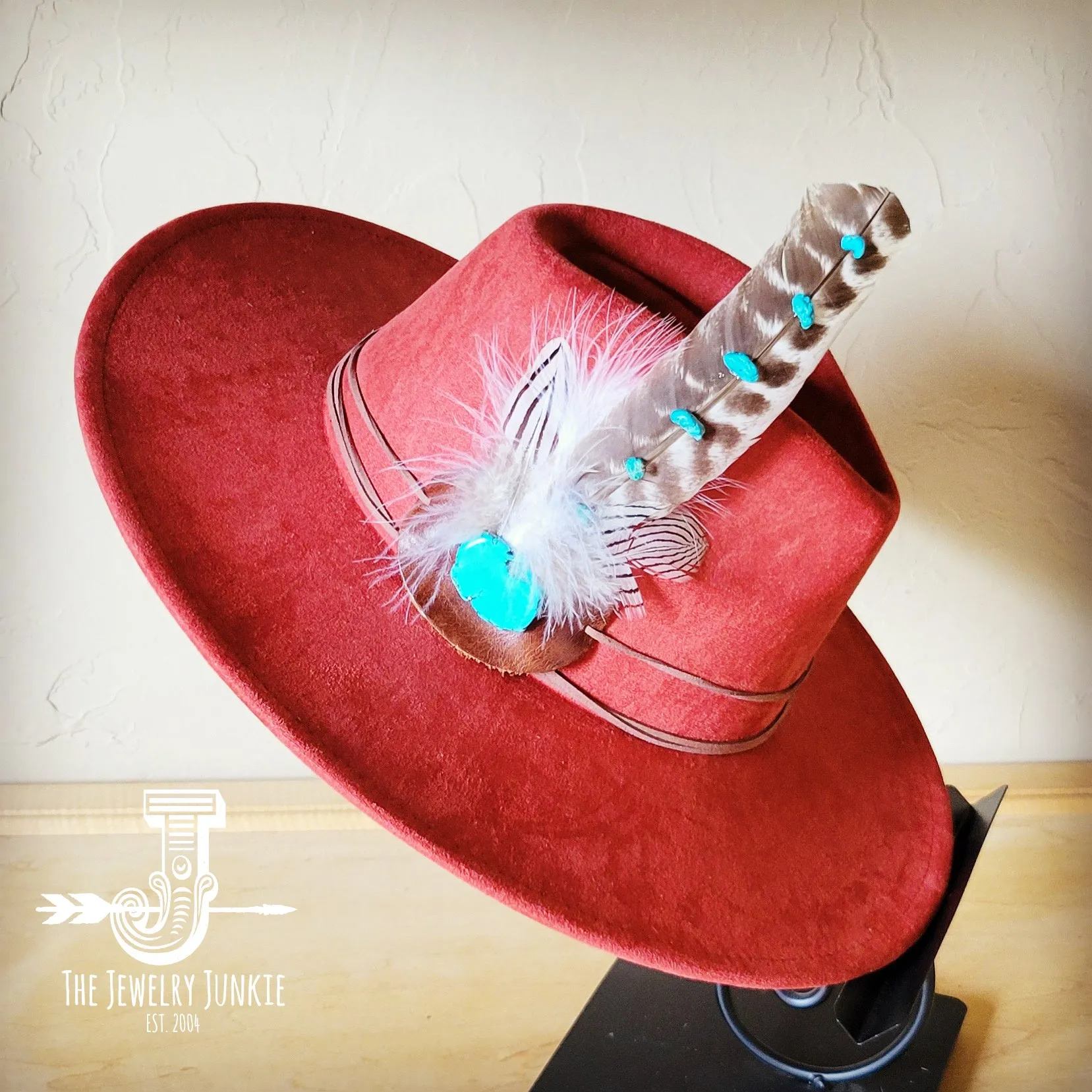 Turquoise Accent Turkey Feather Hat Band   Choice of Hat 986j