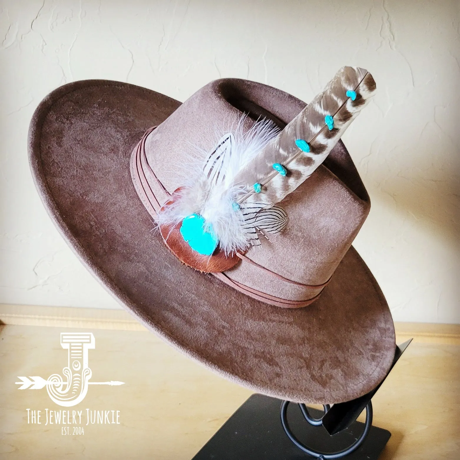 Turquoise Accent Turkey Feather Hat Band   Choice of Hat 986j