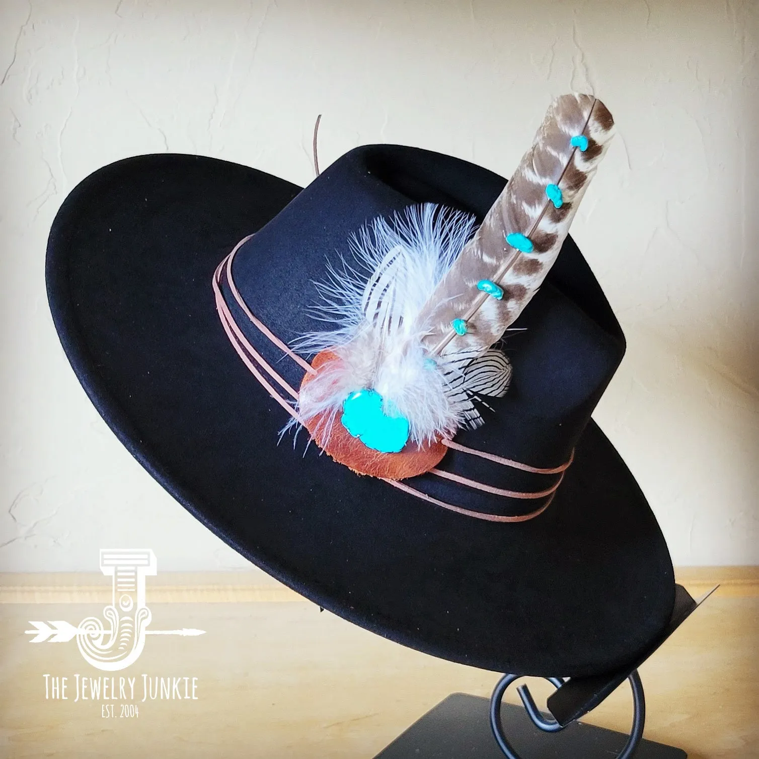 Turquoise Accent Turkey Feather Hat Band   Choice of Hat 986j