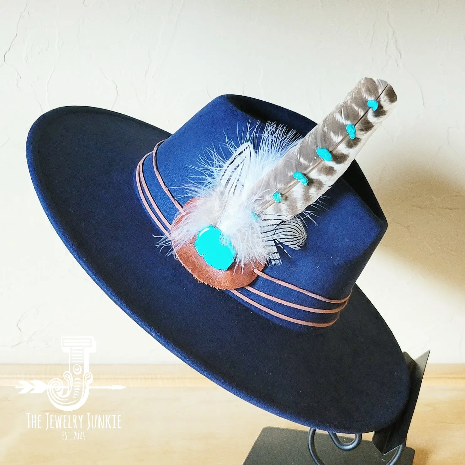 Turquoise Accent Turkey Feather Hat Band   Choice of Hat 986j