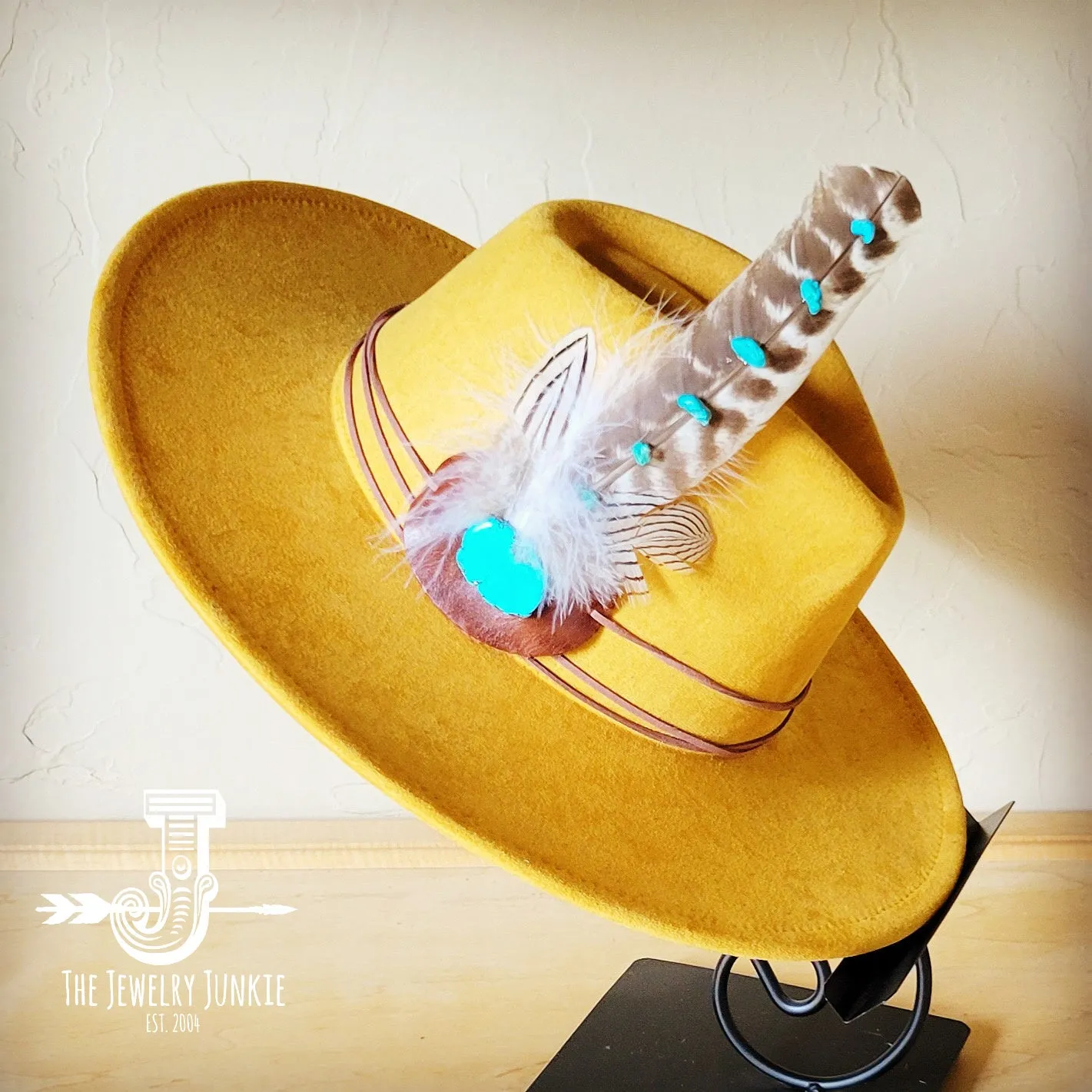 Turquoise Accent Turkey Feather Hat Band   Choice of Hat 986j