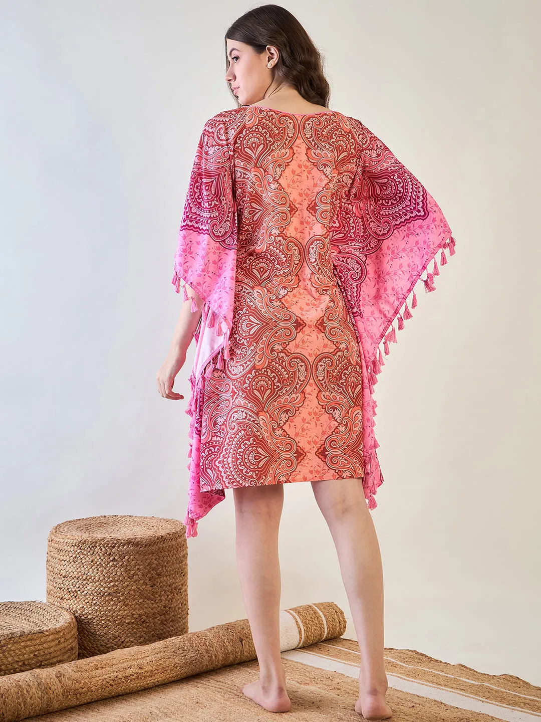 Vibrant Pink and Orange Paisley Crepe Kaftan with Tassel Details