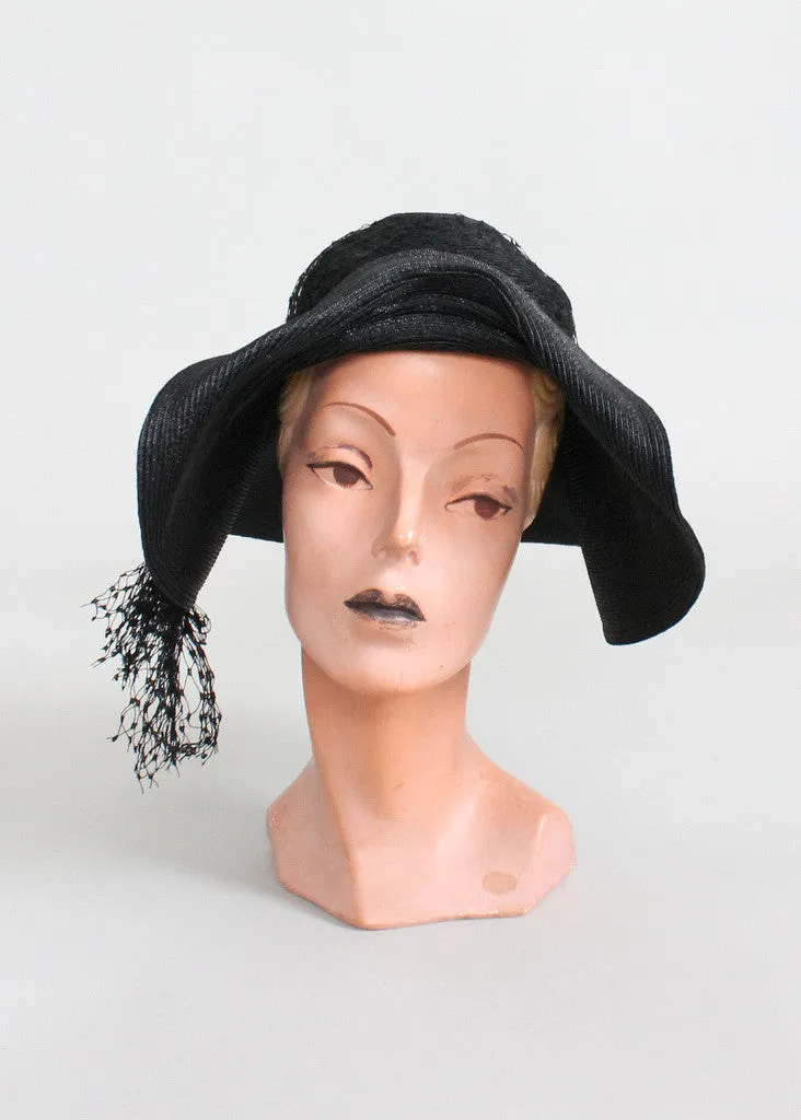 Vintage Early 1930s Black Straw Floppy Hat