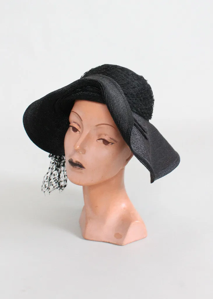 Vintage Early 1930s Black Straw Floppy Hat