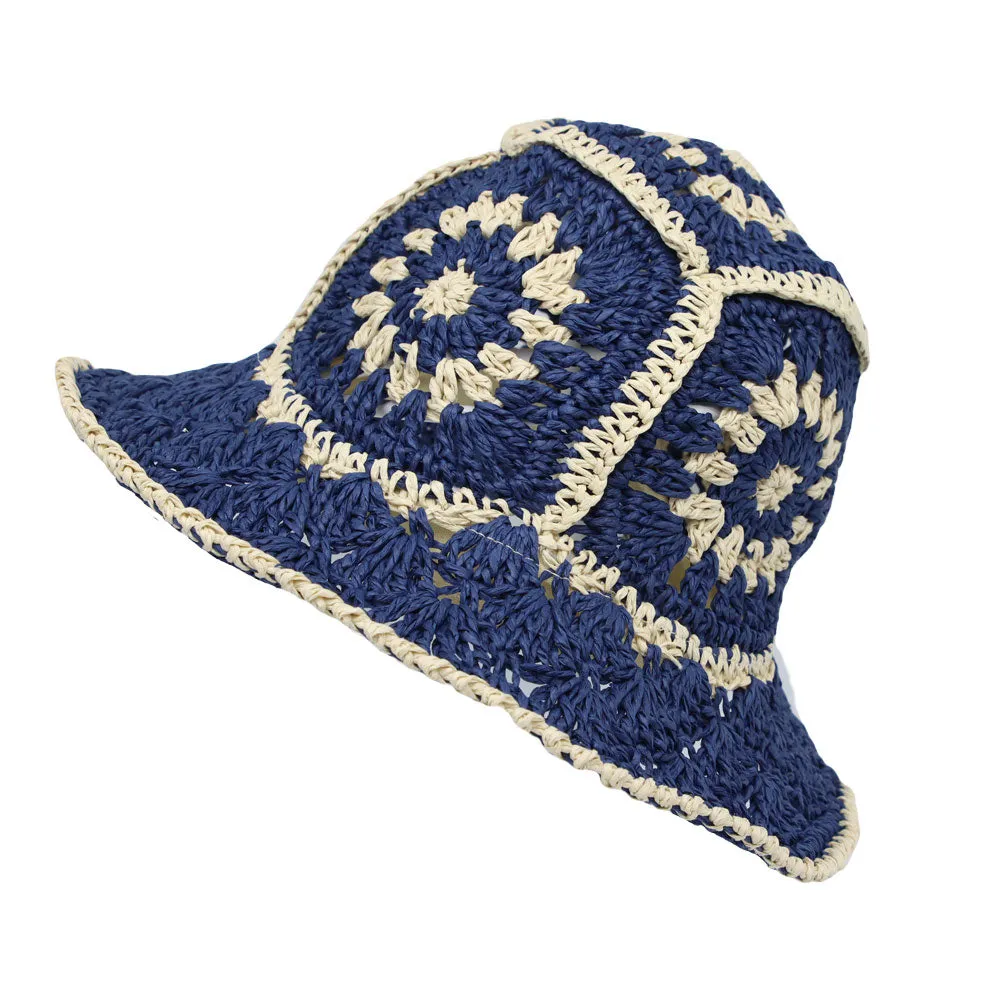 Women Floral Straw Crochet Sun Cap Summer Bowler Foldable Bucket Hat JDH1397