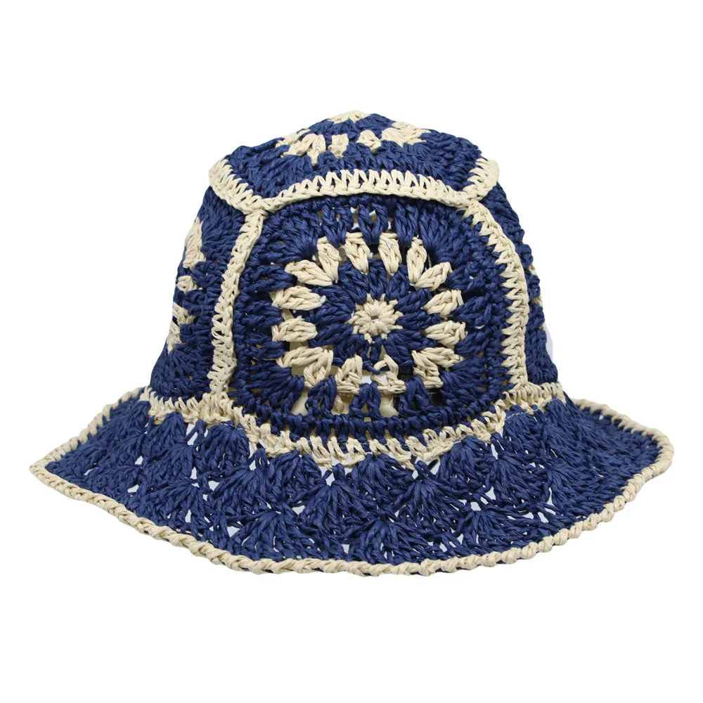 Women Floral Straw Crochet Sun Cap Summer Bowler Foldable Bucket Hat JDH1397