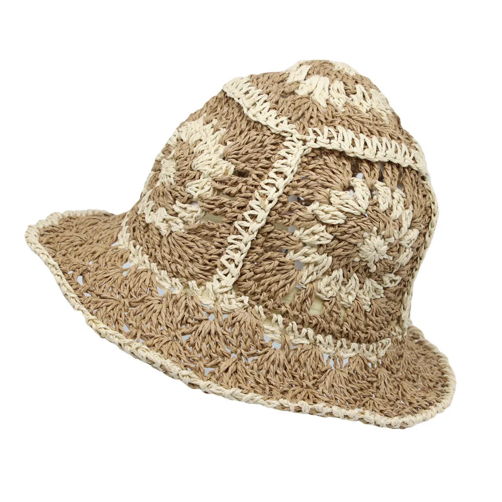 Women Floral Straw Crochet Sun Cap Summer Bowler Foldable Bucket Hat JDH1397