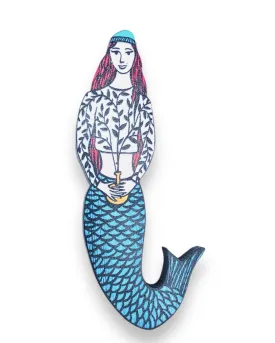 Wooden Mermaid in Beanie Holding Plant Pin Brooch