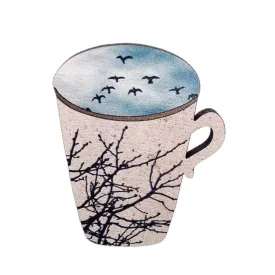 Wooden Mug Pin Brooch - Reflective Tree Branches Design