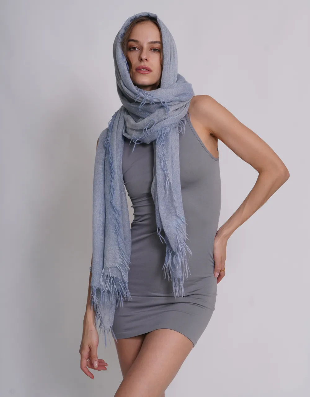 Woven Fringed Scarf in Washed Bleu